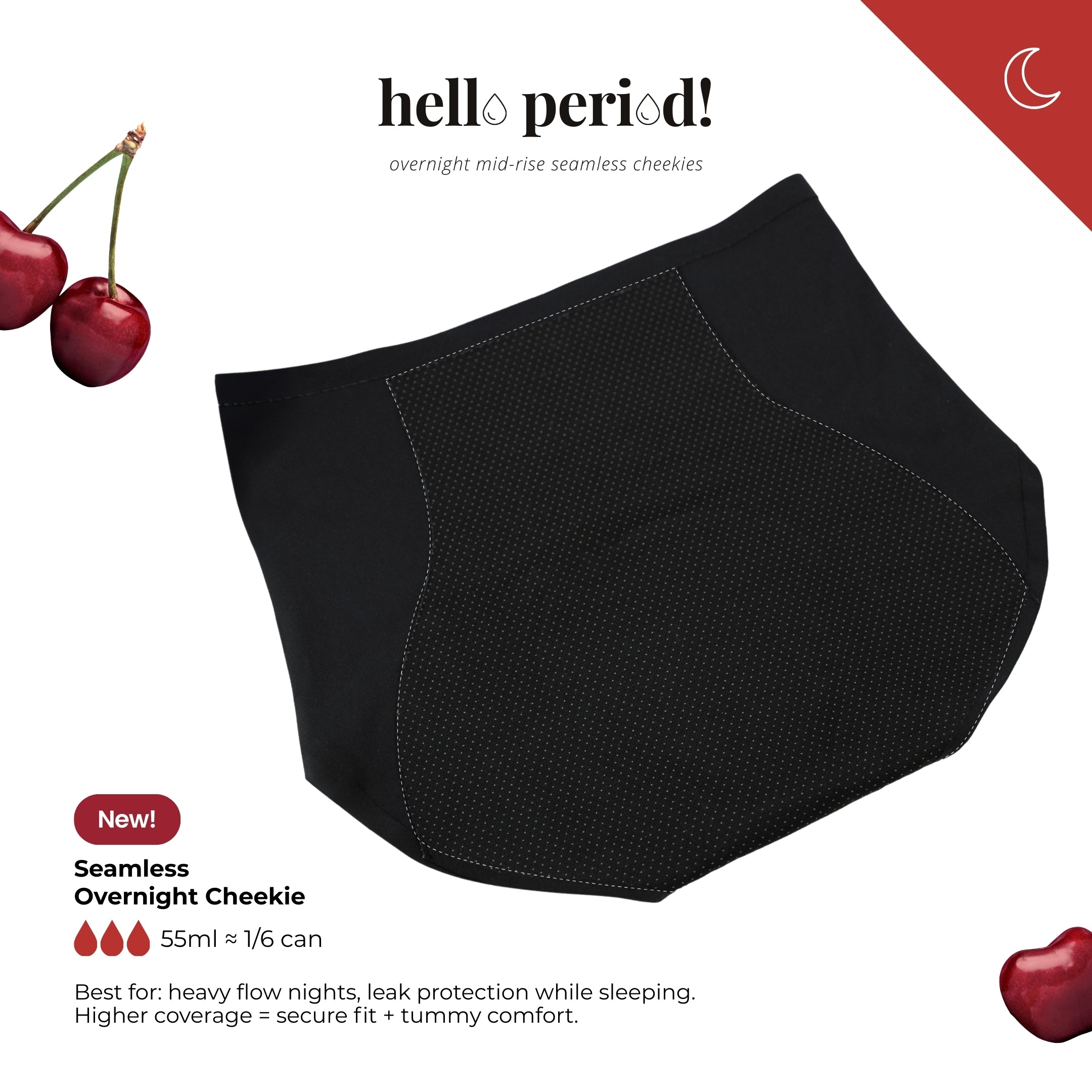 Hey Period! Overnight Seamless Mid-Rise Cheekie in Buttery Black