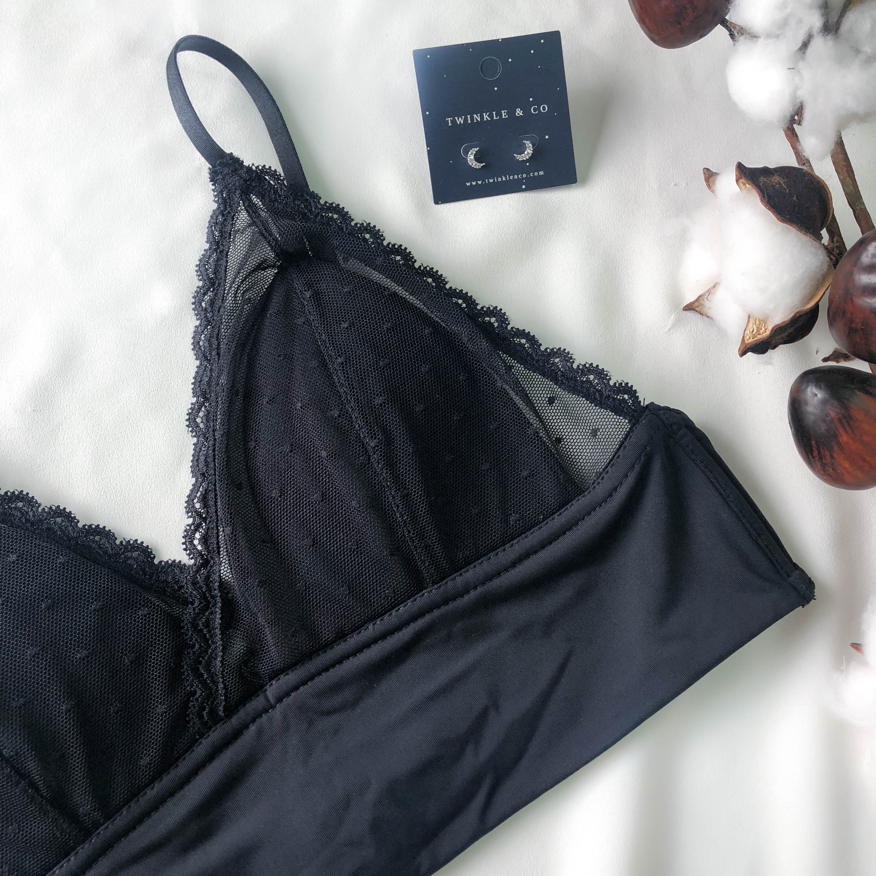 LIVE FREE! Lacey Frills Bralette in Black Polka